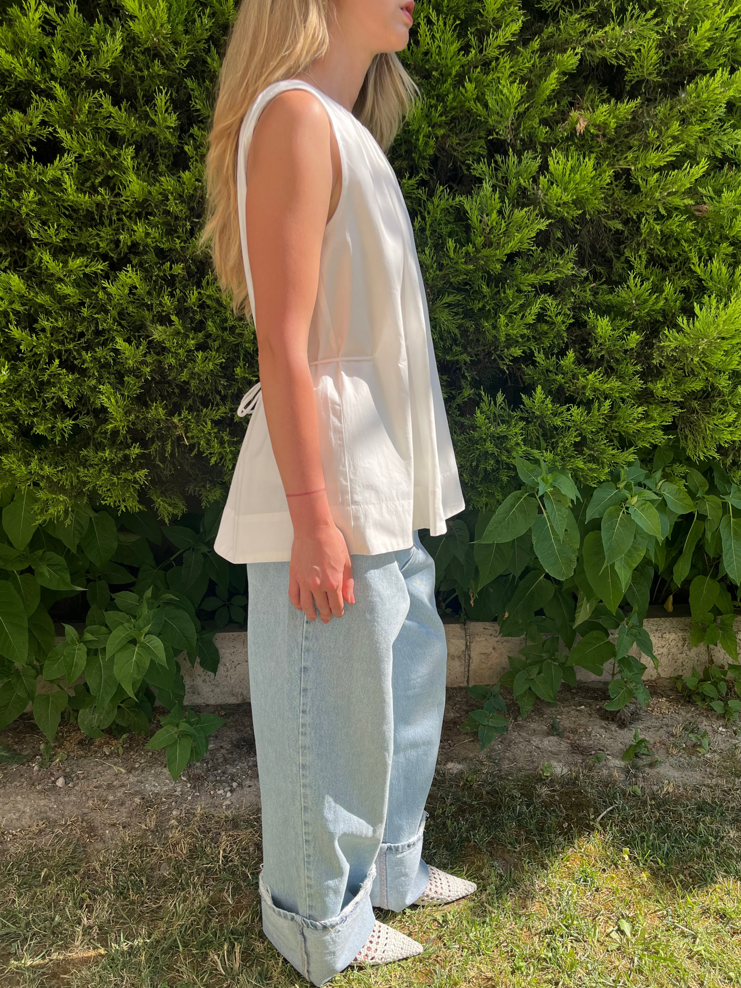 Beyaz Bel Detaylı Poplin Bluz