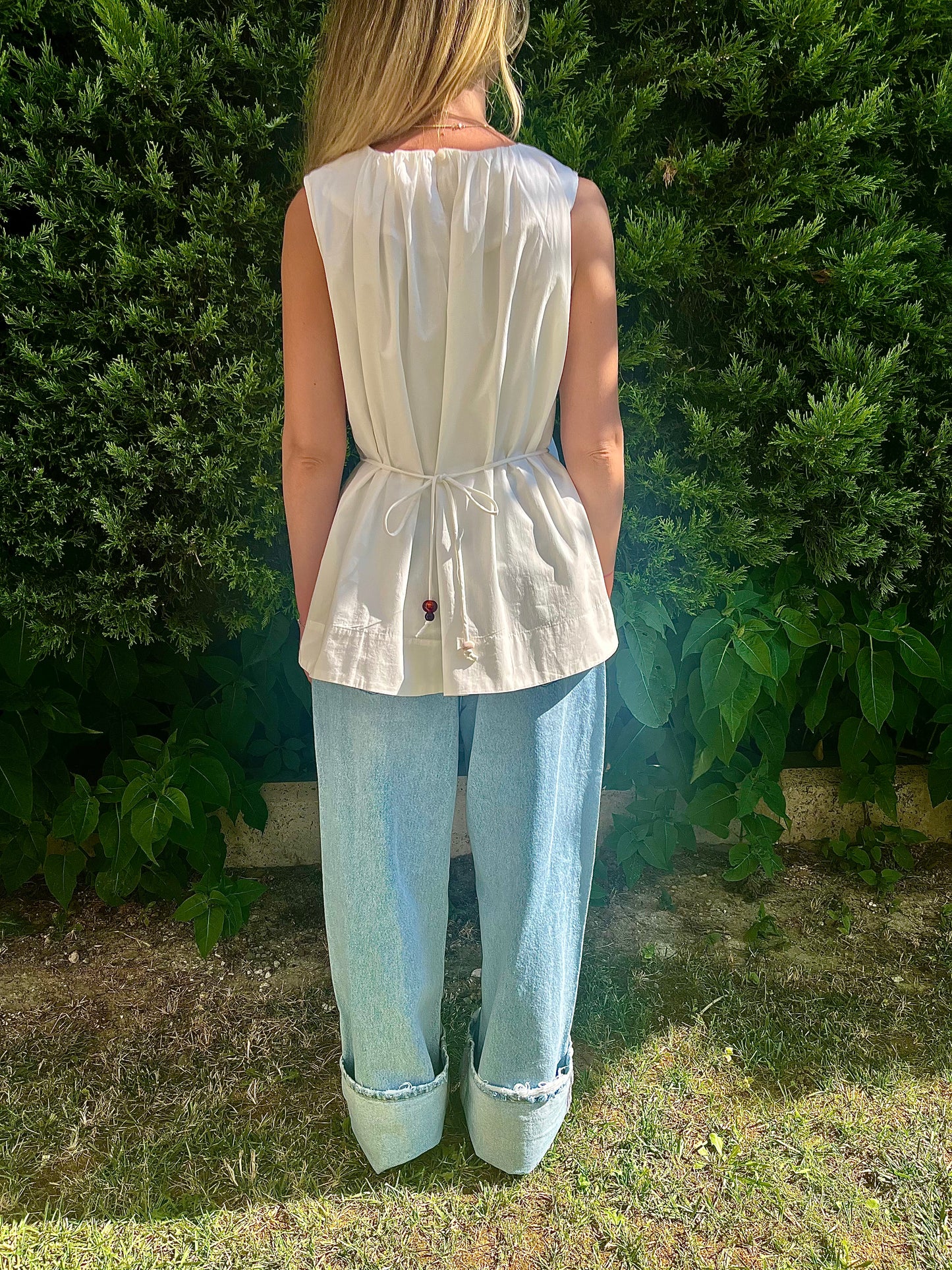 Beyaz Bel Detaylı Poplin Bluz