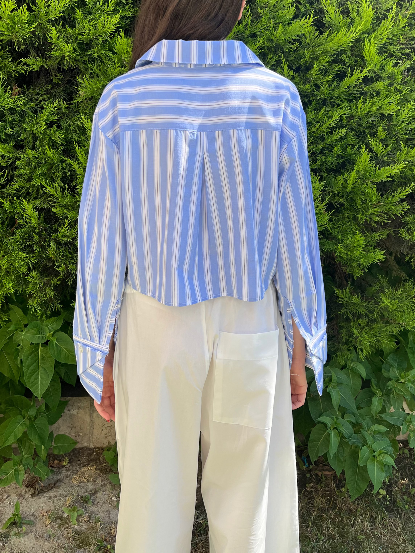 Crop Mavi Çizgili Poplin Gömlek