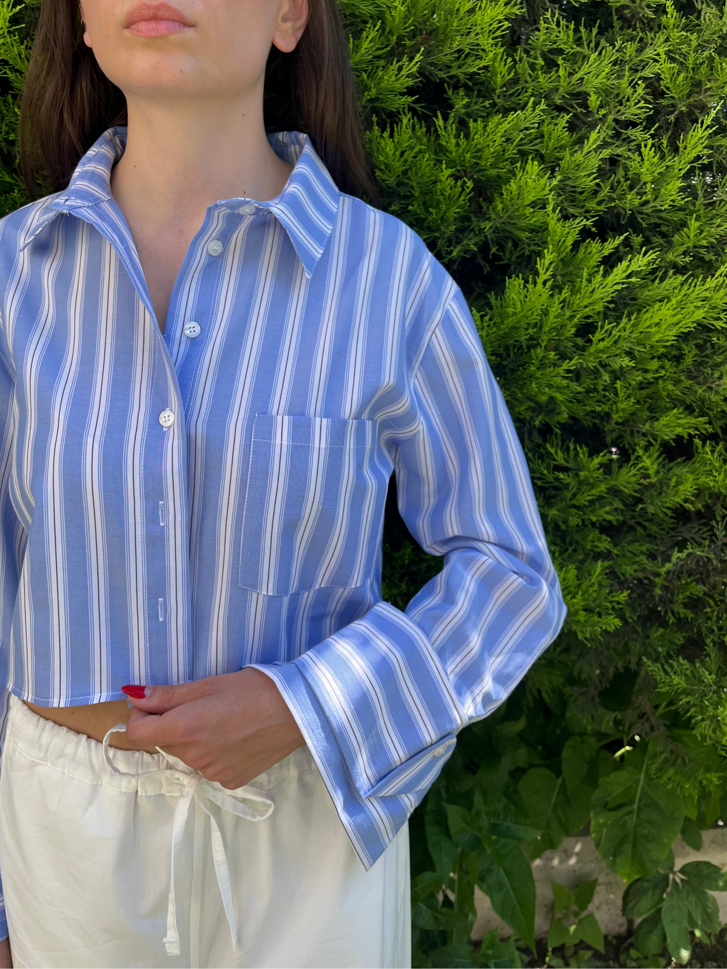 Crop Mavi Çizgili Poplin Gömlek