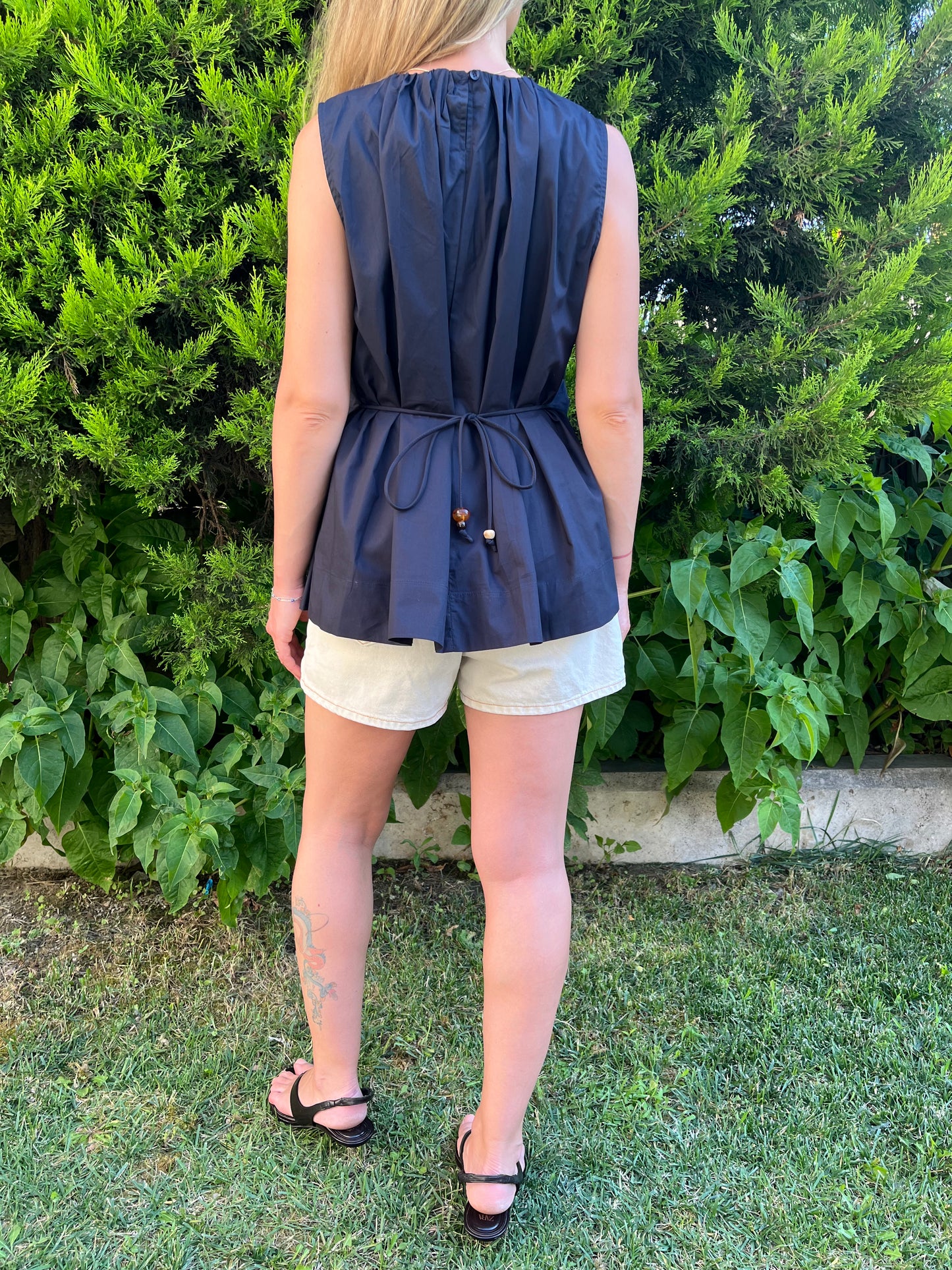 Lacivert Bel Detaylı Poplin Bluz