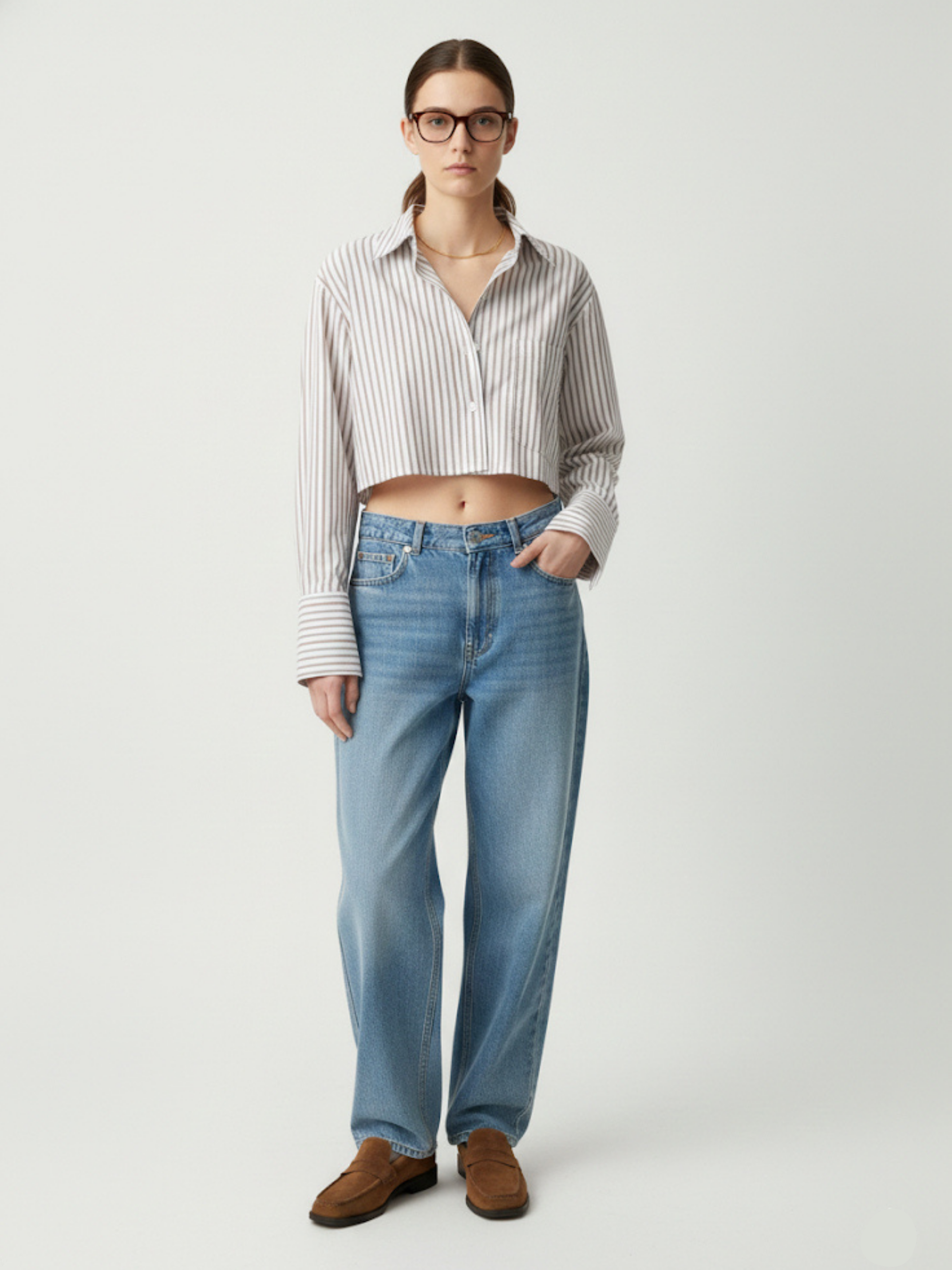 Crop Bej Çizgili Poplin Gömlek