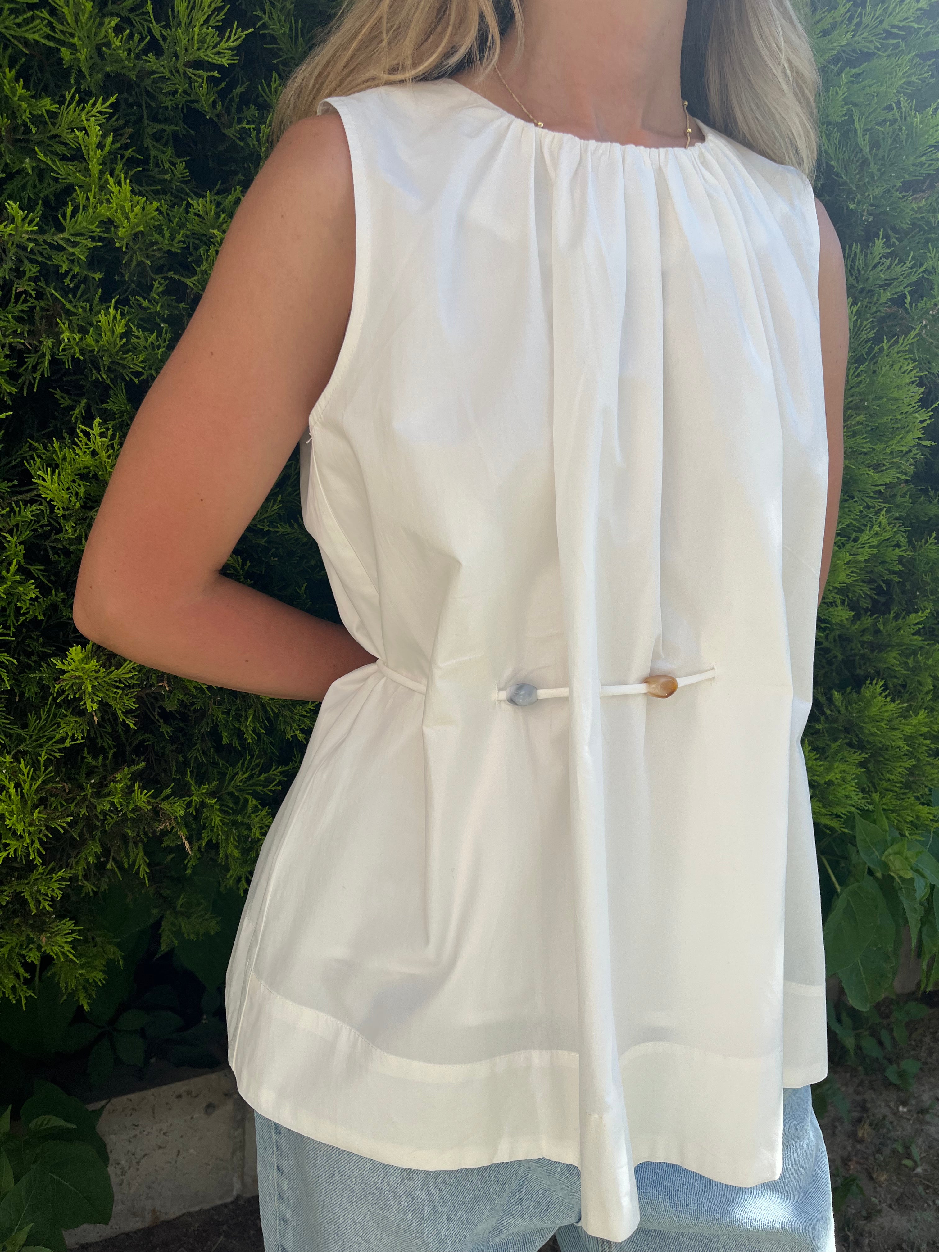 Beyaz Bel Detaylı Poplin Bluz