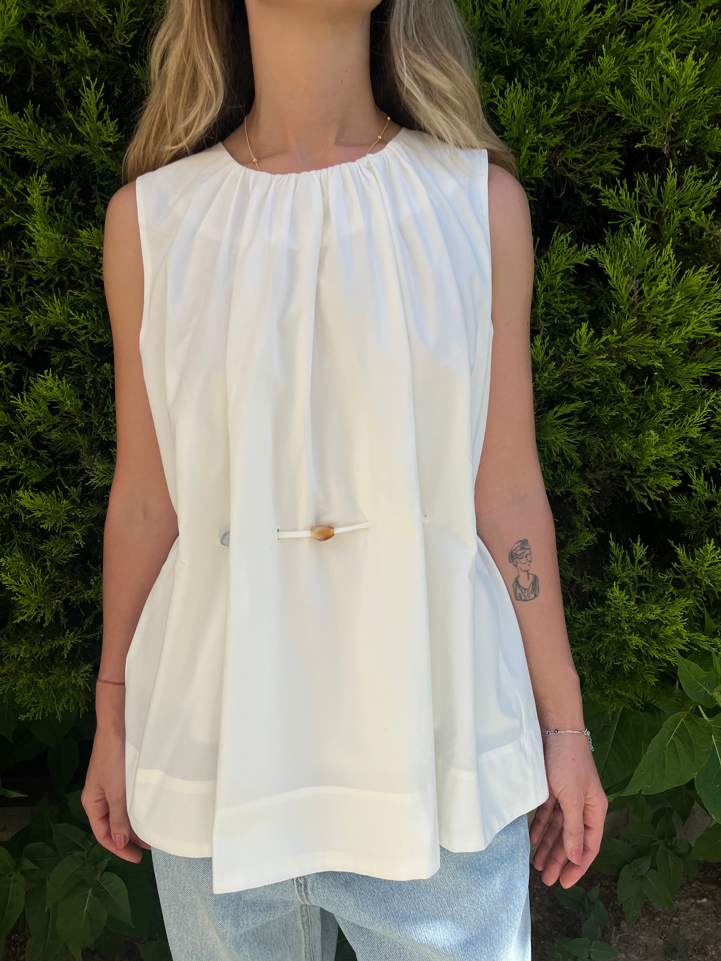 Beyaz Bel Detaylı Poplin Bluz