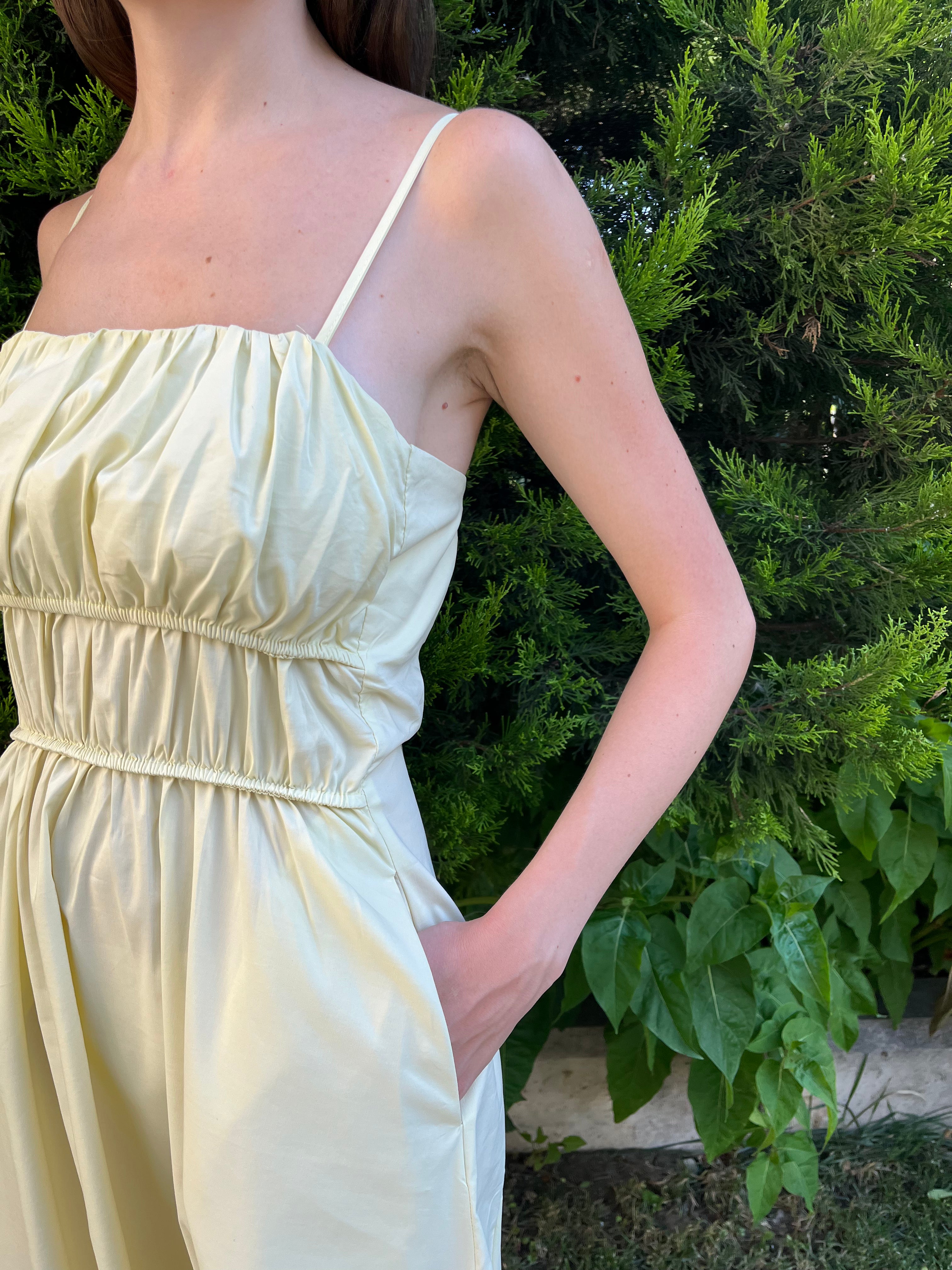Butter Yellow Büzgü Detaylı Uzun Elbise