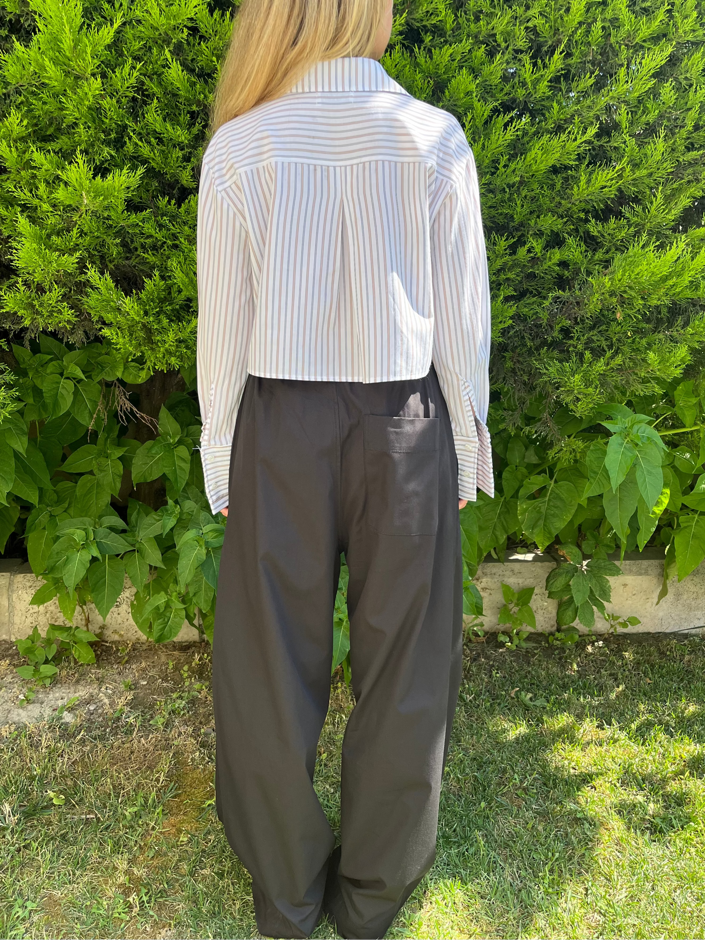 Crop Bej Çizgili Poplin Gömlek