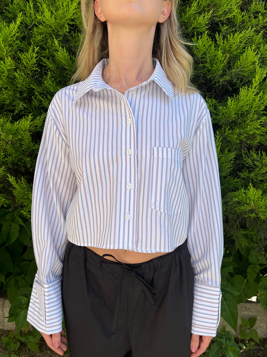 Crop Bej Çizgili Poplin Gömlek