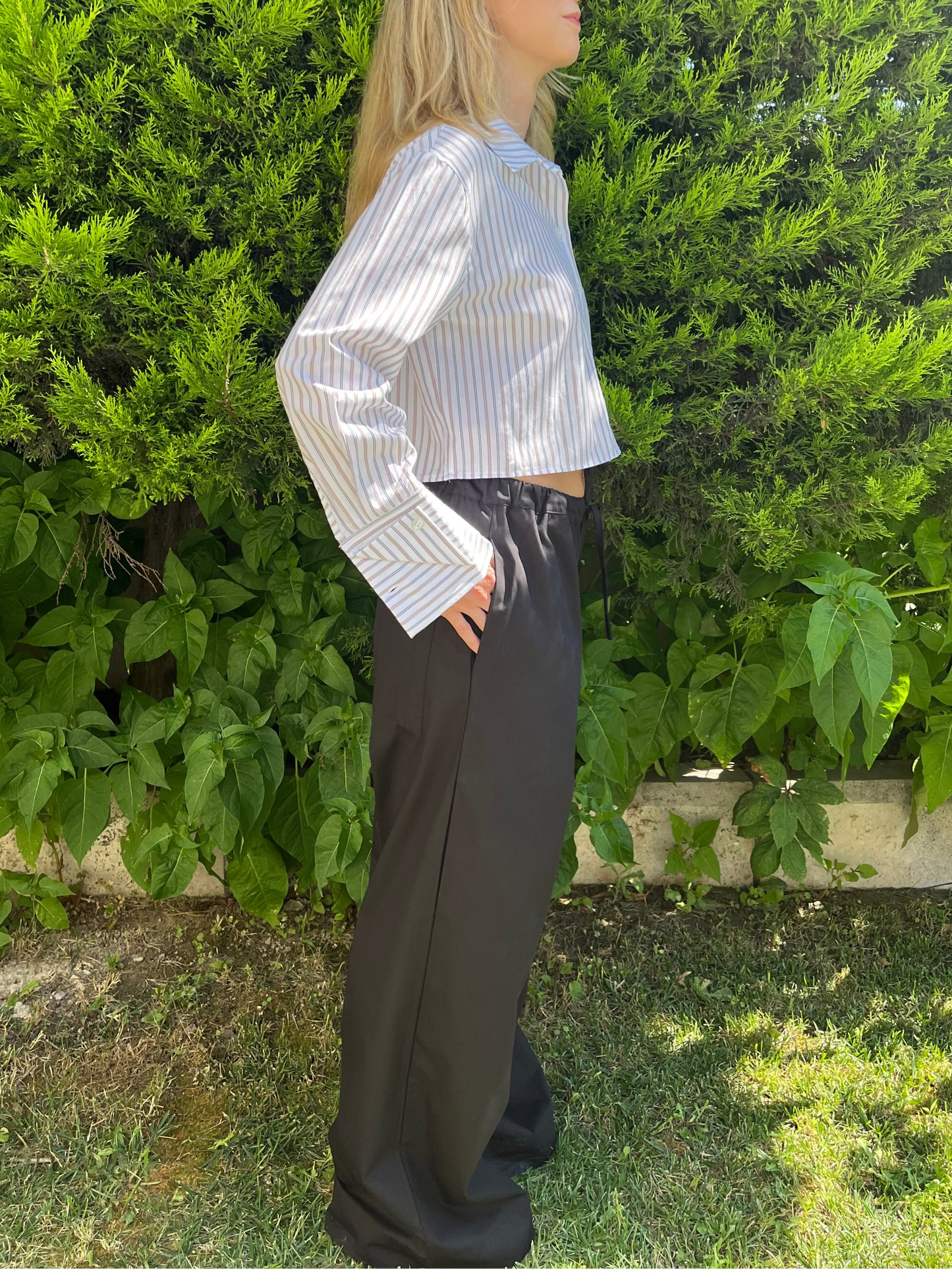 Crop Bej Çizgili Poplin Gömlek