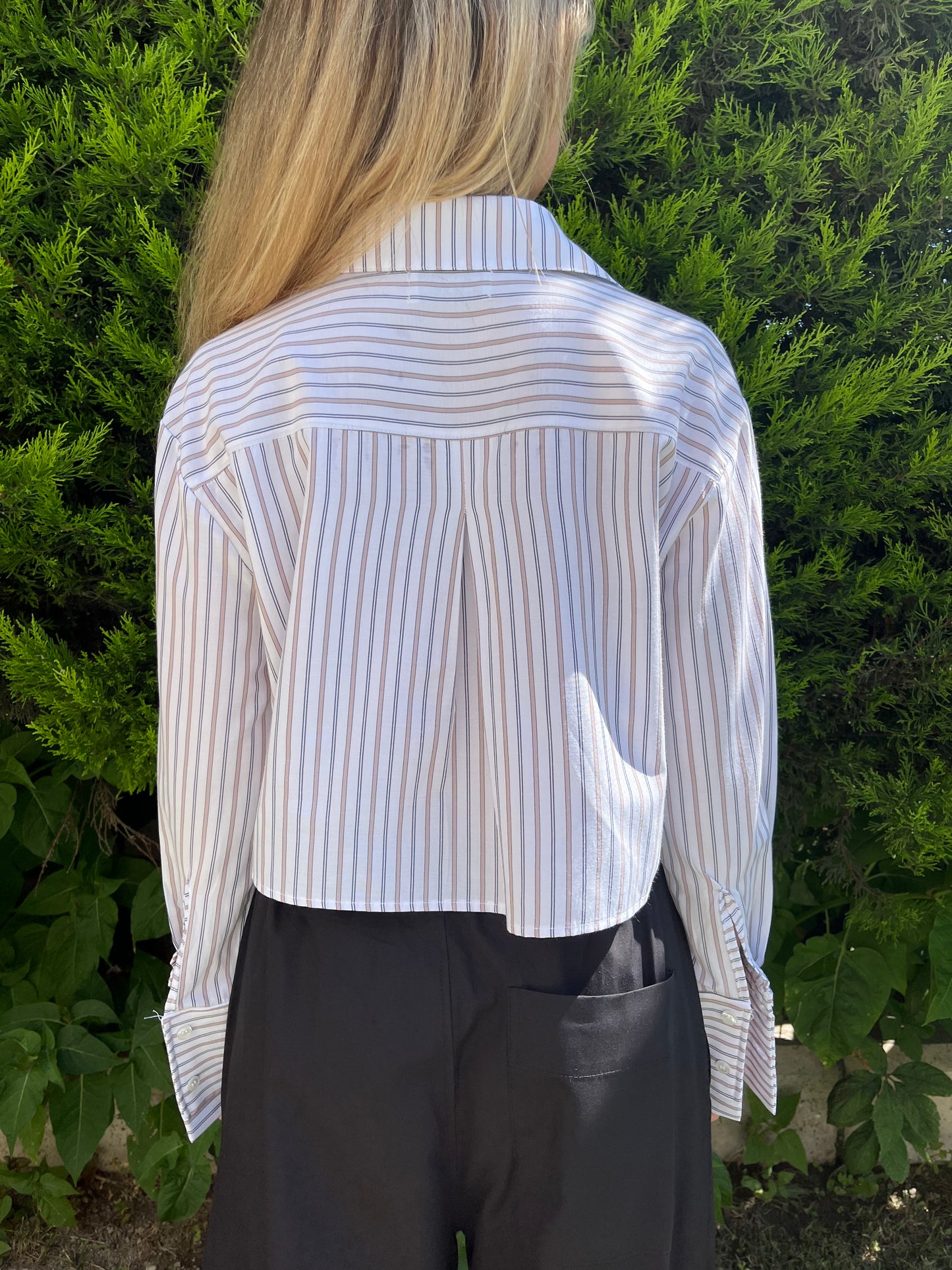 Crop Bej Çizgili Poplin Gömlek