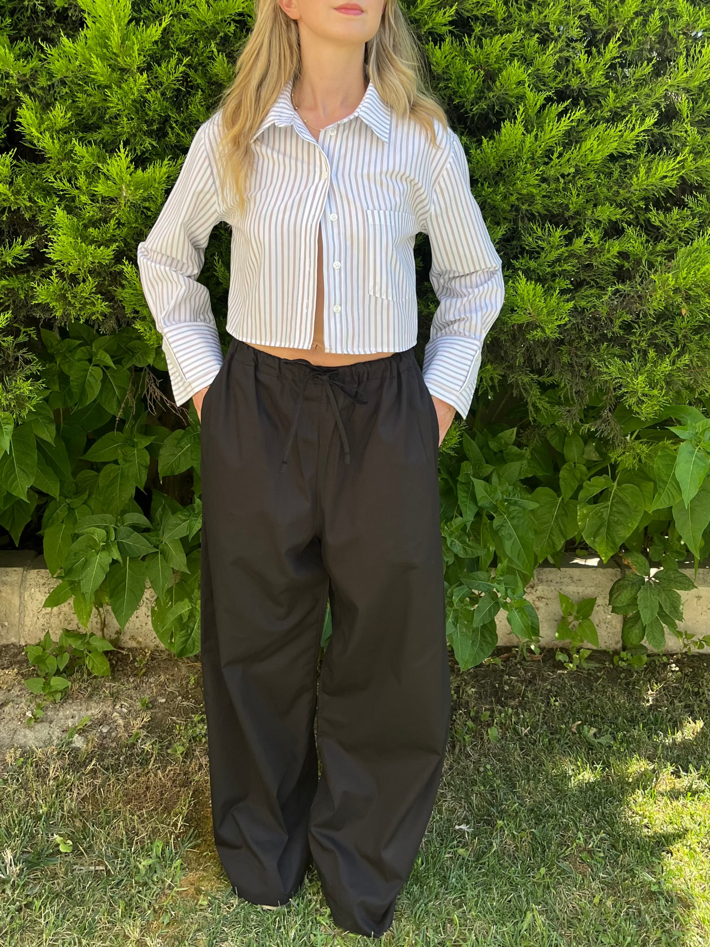 Crop Bej Çizgili Poplin Gömlek
