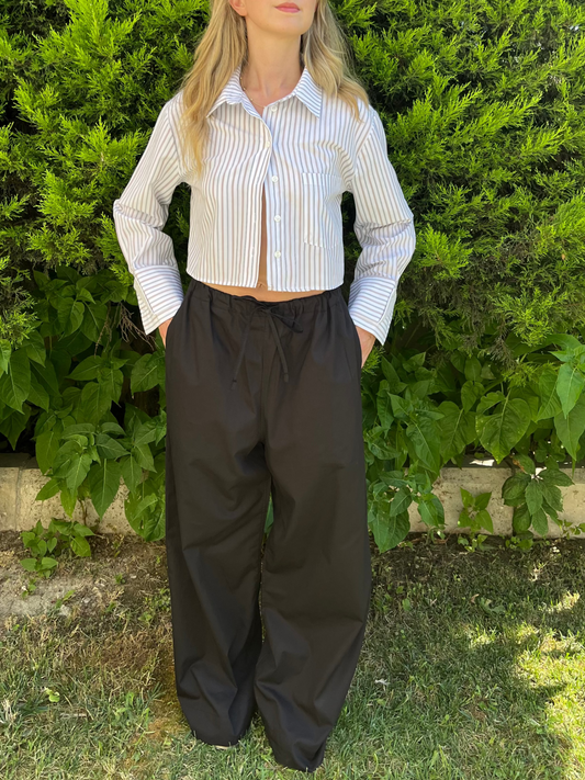 Crop Bej Çizgili Poplin Gömlek