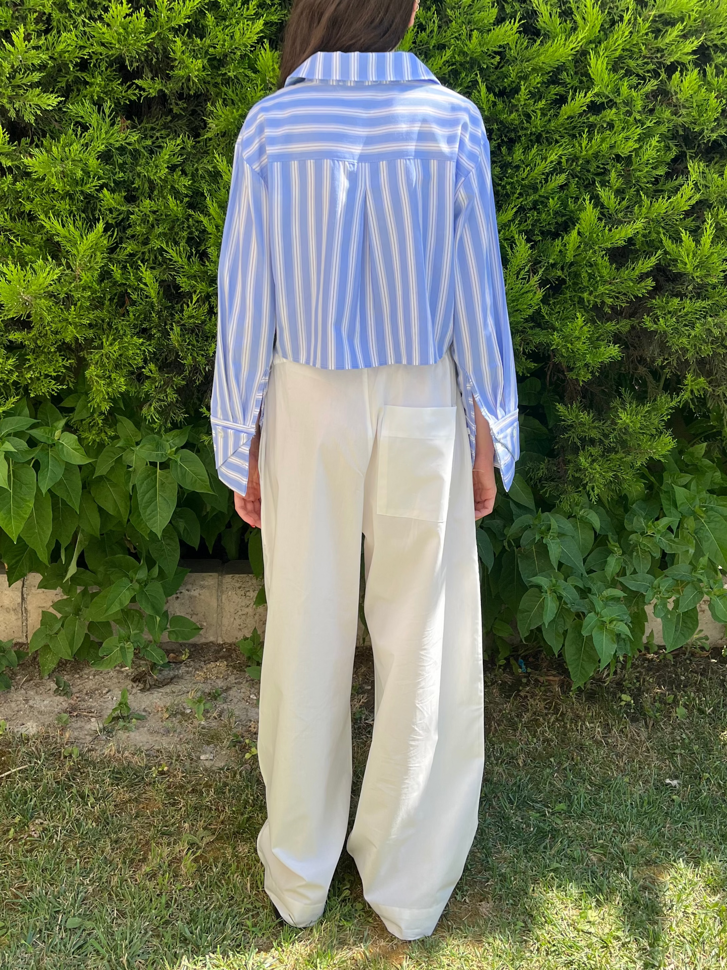 Crop Mavi Çizgili Poplin Gömlek