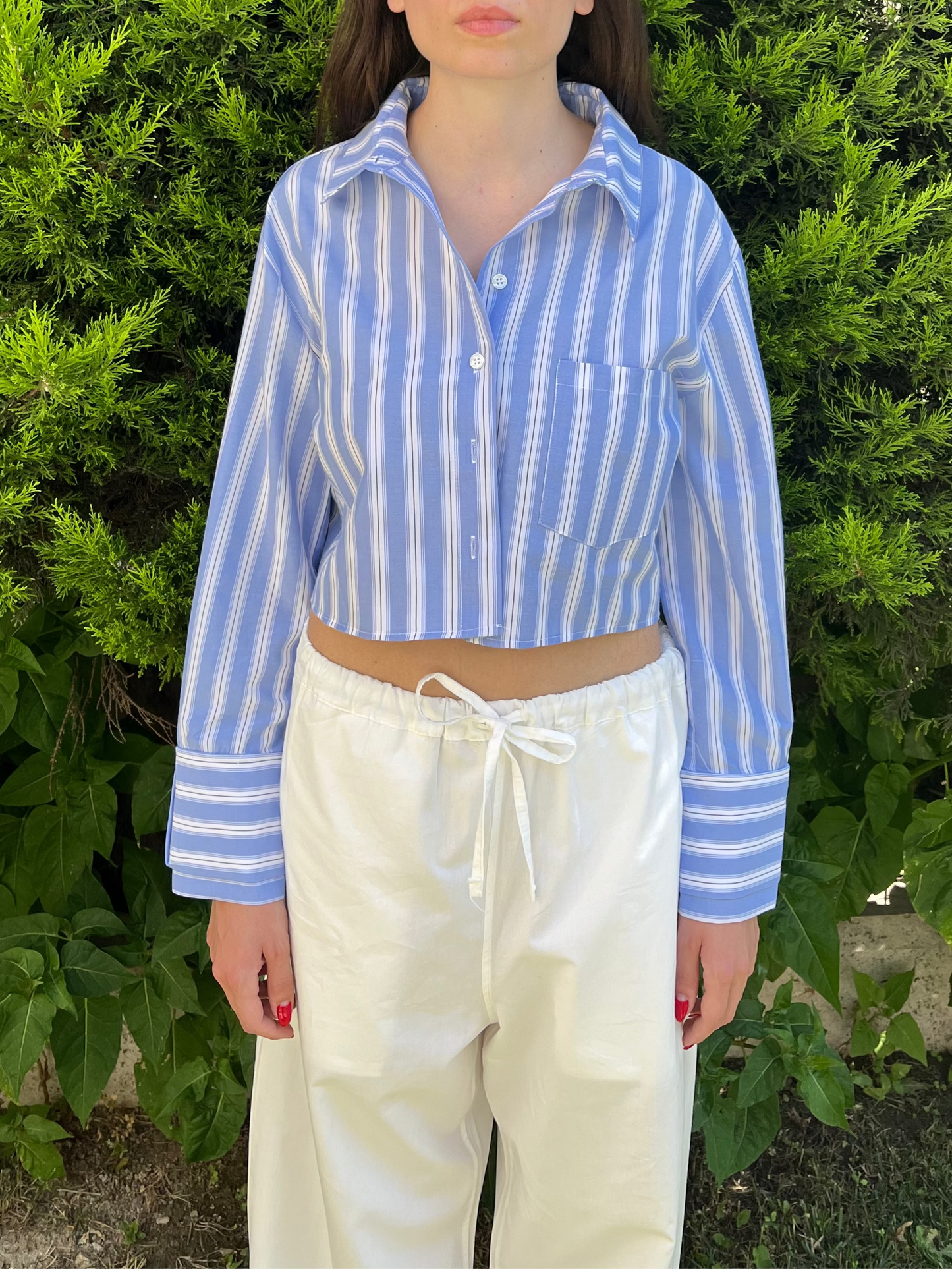 Crop Mavi Çizgili Poplin Gömlek