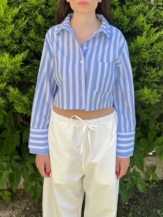 Crop Mavi Çizgili Poplin Gömlek