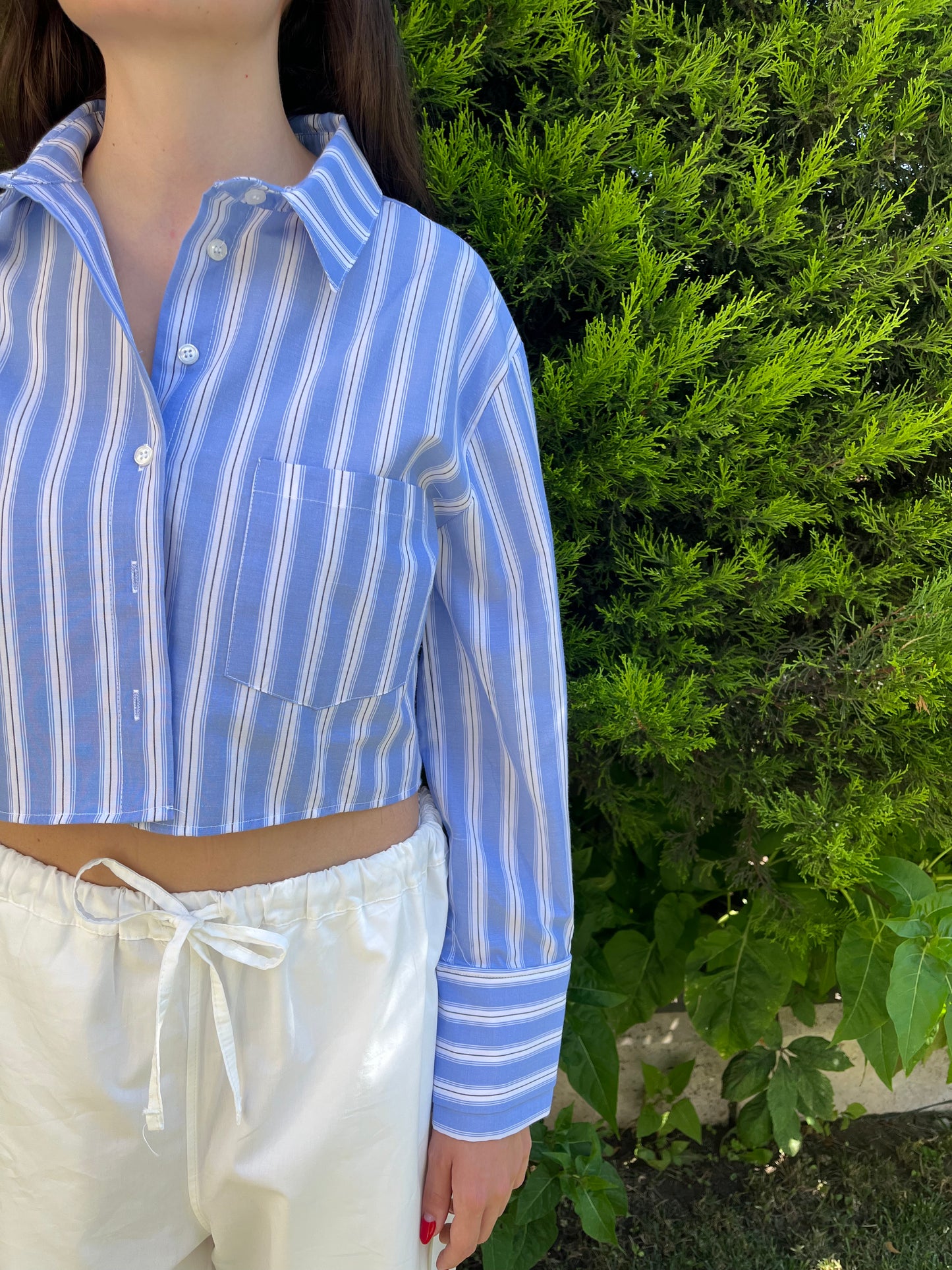 Crop Mavi Çizgili Poplin Gömlek