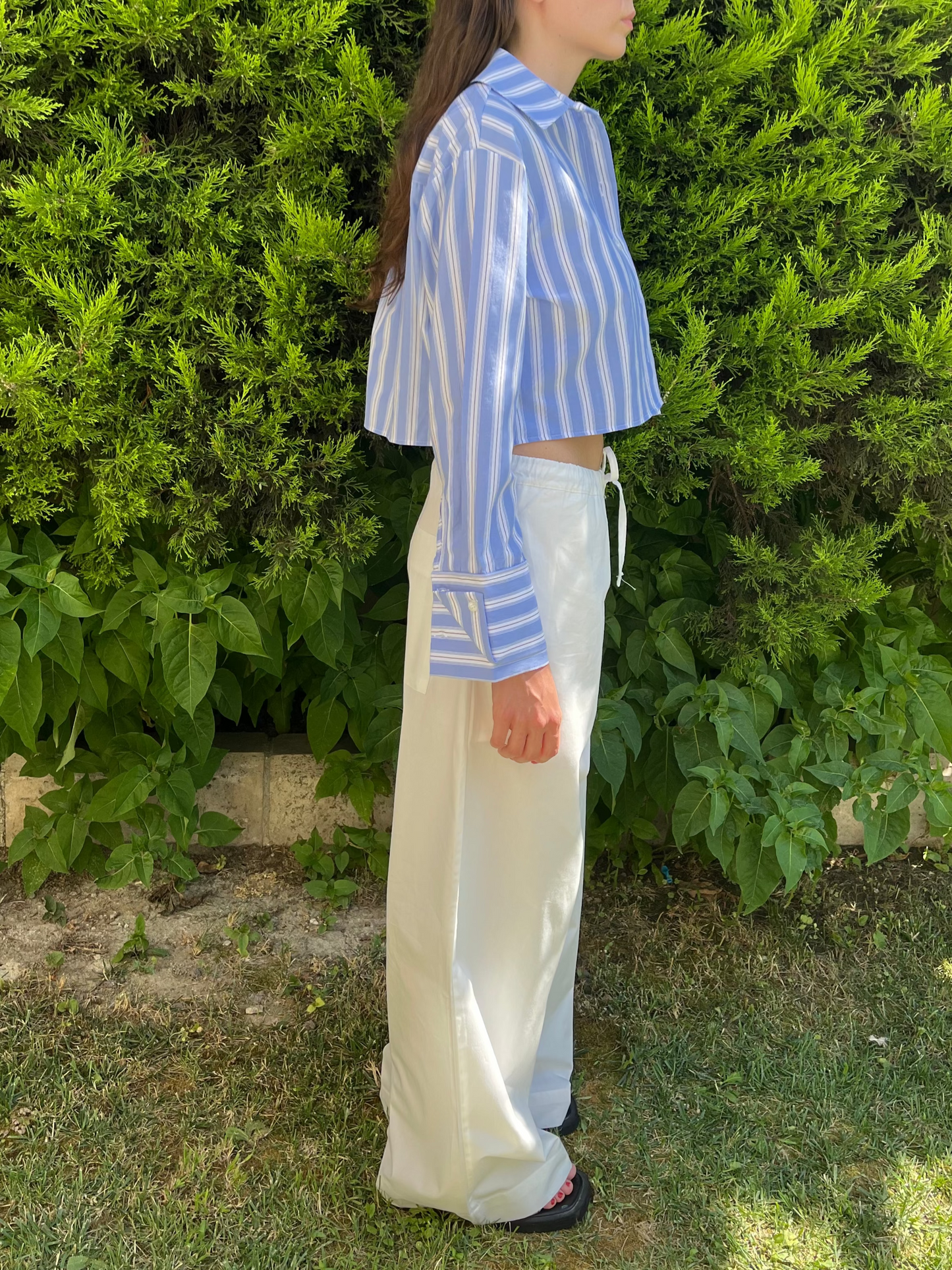 Crop Mavi Çizgili Poplin Gömlek