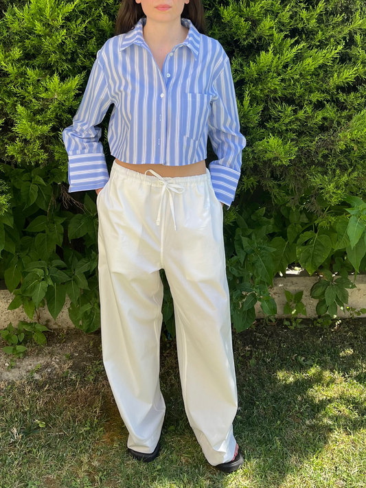 Crop Mavi Çizgili Poplin Gömlek