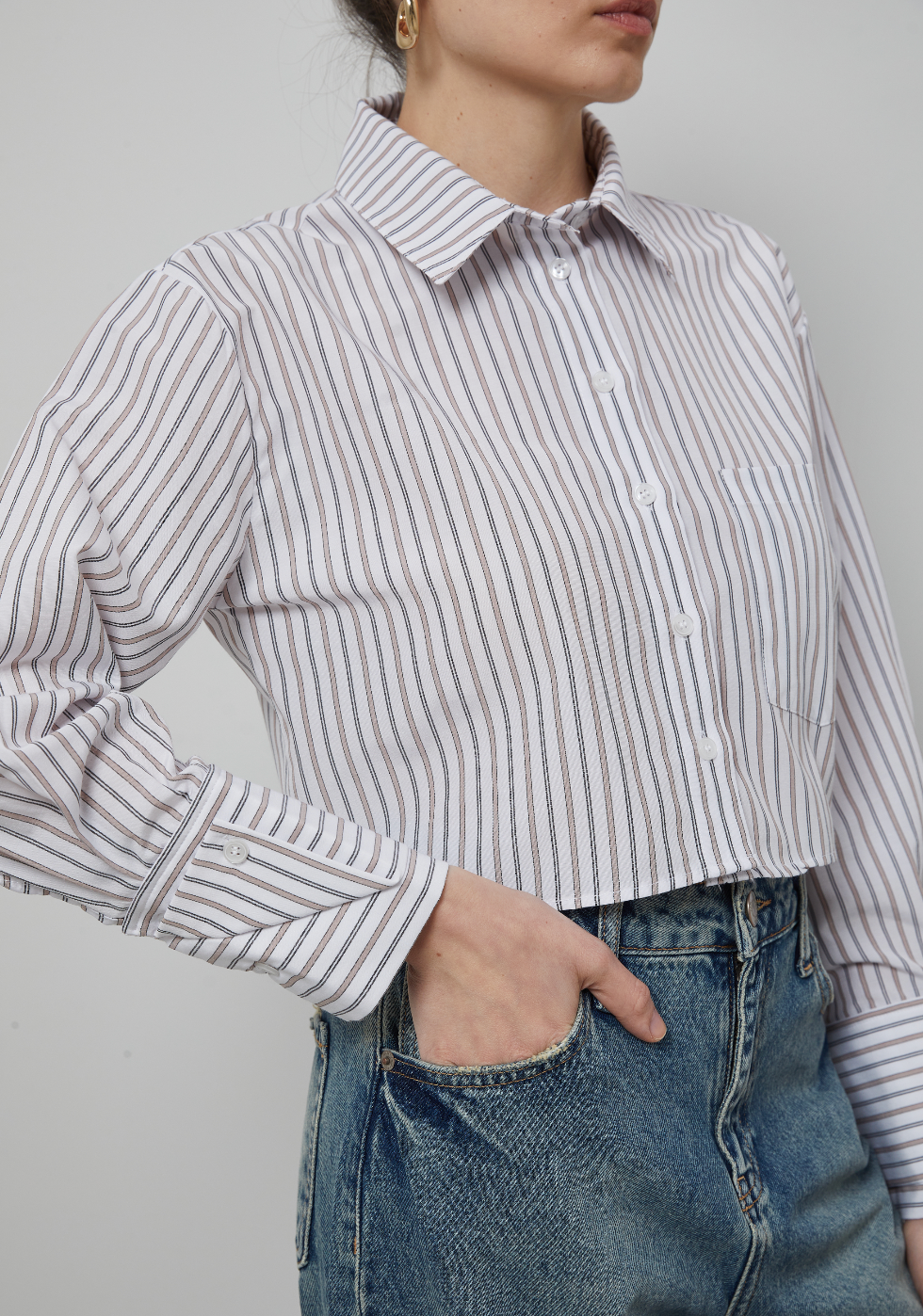 Crop Bej Çizgili Poplin Gömlek