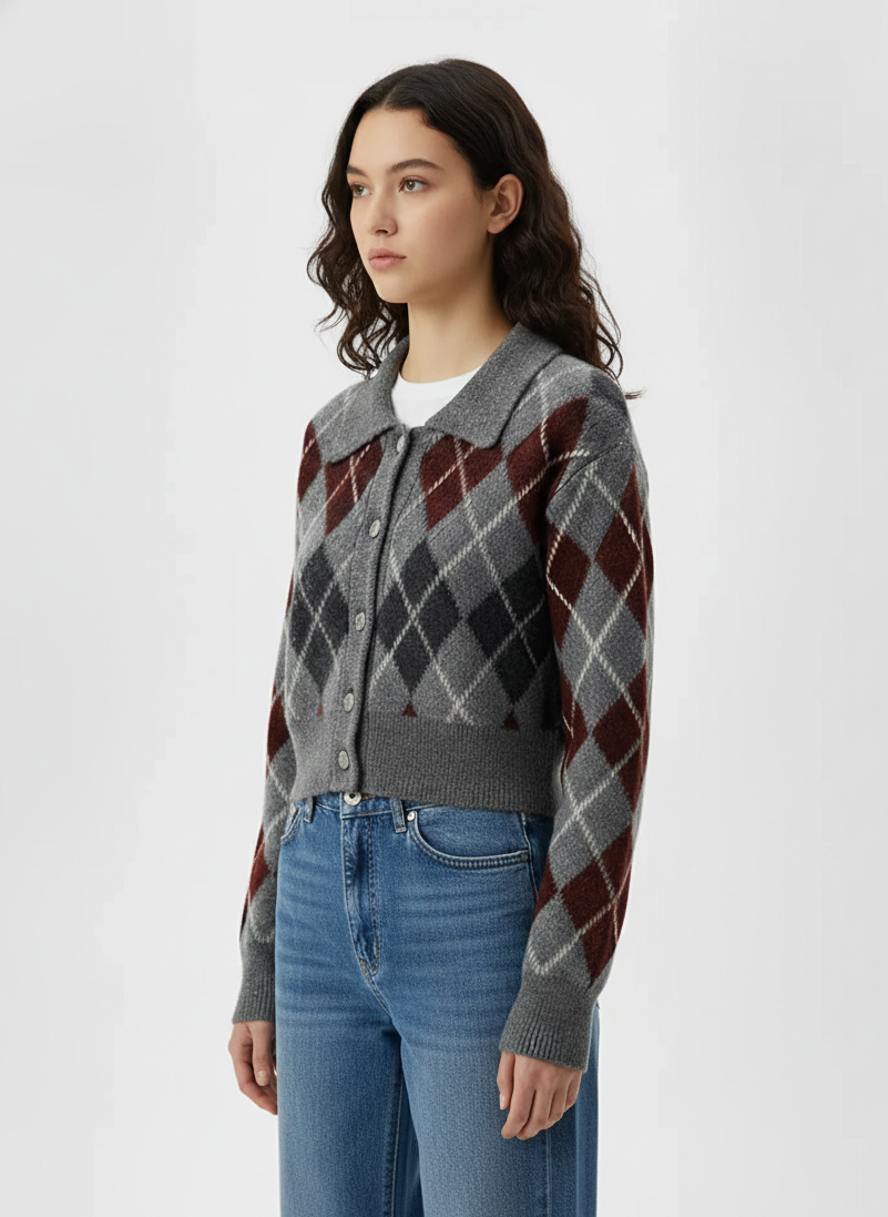 Baklava Desenli Gri Triko Hırka