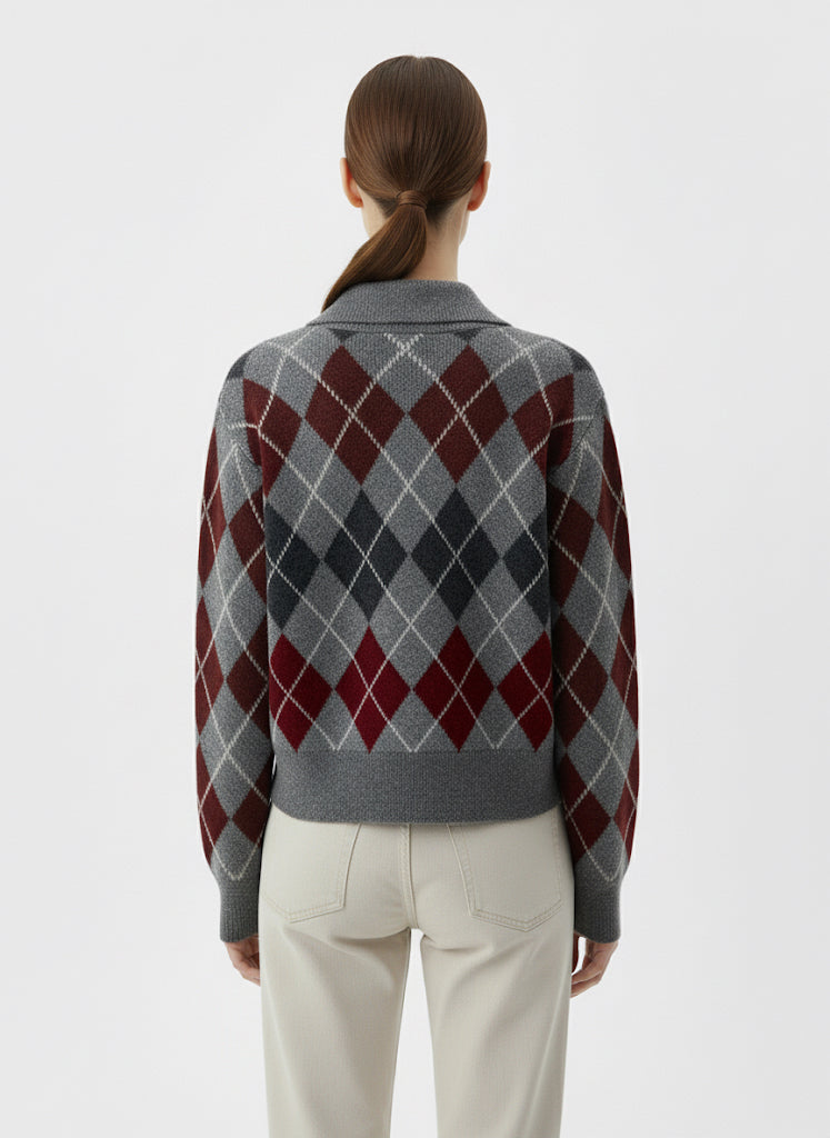 Baklava Desenli Gri Triko Hırka