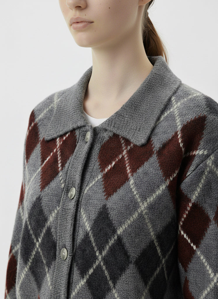 Baklava Desenli Gri Triko Hırka