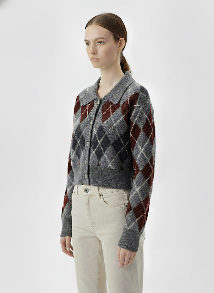 Baklava Desenli Gri Triko Hırka