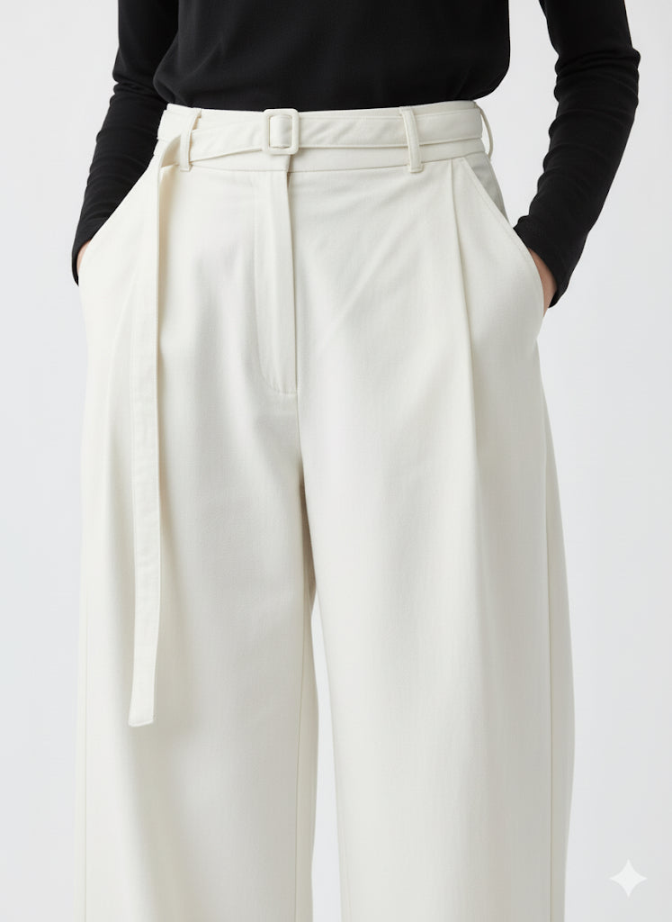 Beyaz Kemer Detaylı Wide Leg Pantolon