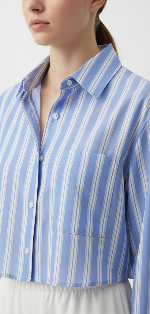 Crop Mavi Çizgili Poplin Gömlek
