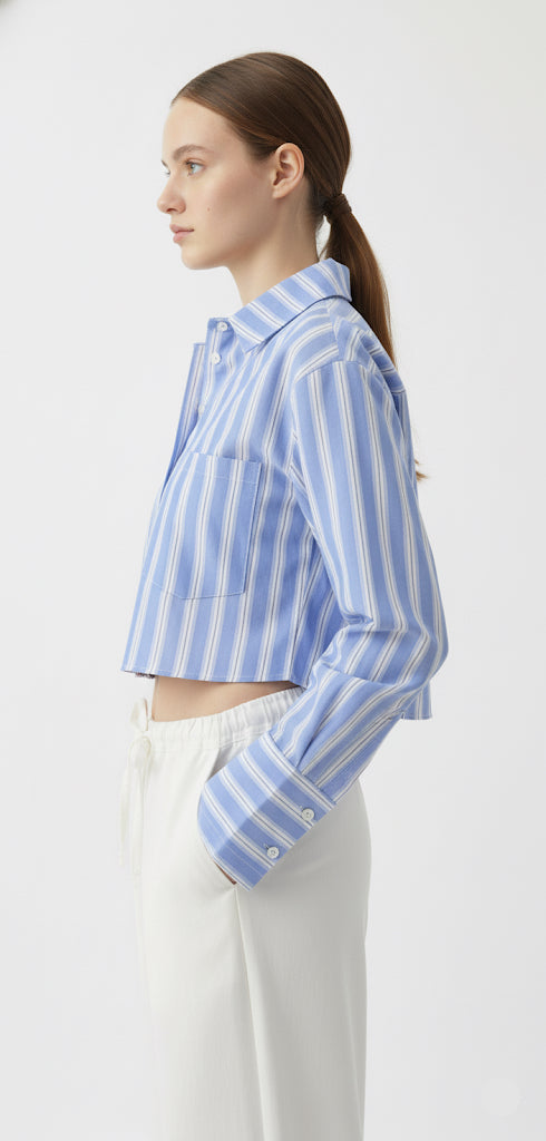 Crop Mavi Çizgili Poplin Gömlek