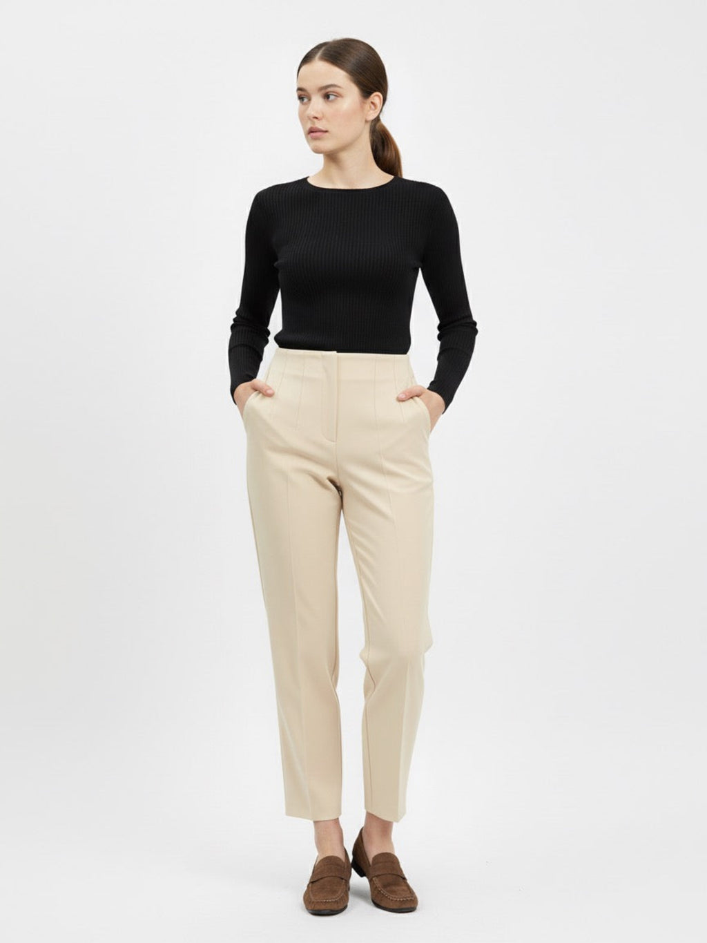 Krem Yüksek Bel Pantolon