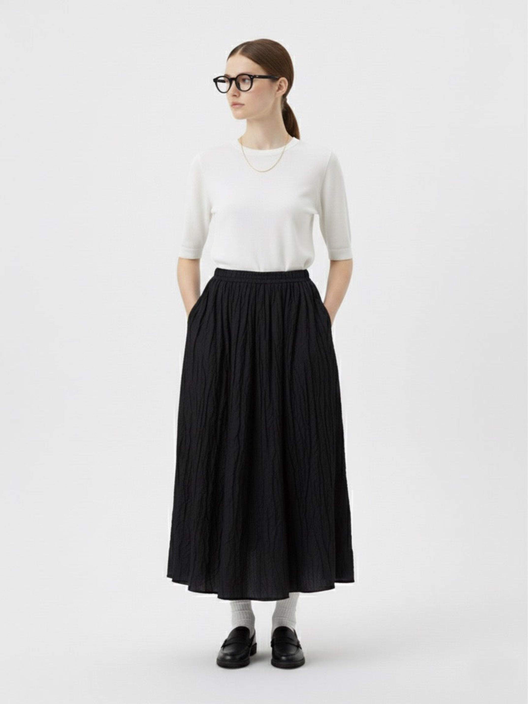 Siyah Kırışık Detaylı Uzun Etek