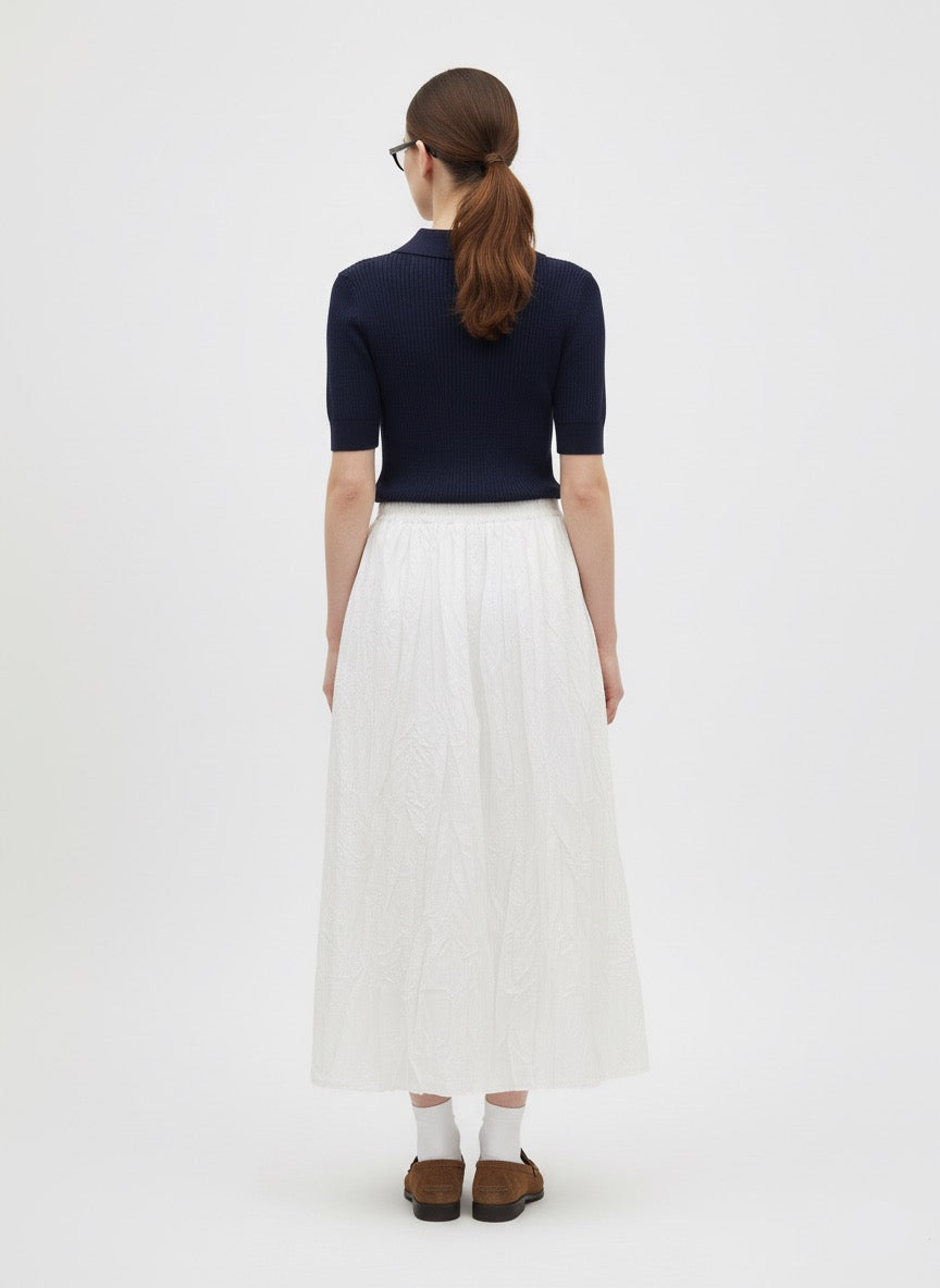 Beyaz Kırışık Detaylı Uzun Etek