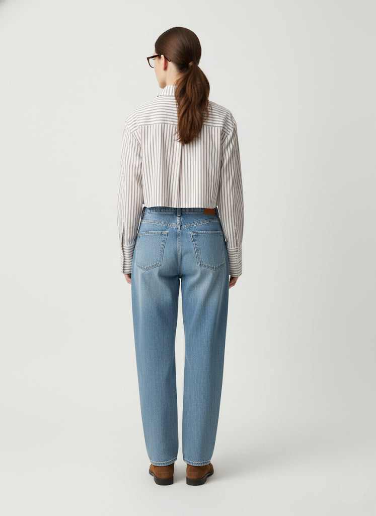 Crop Bej Çizgili Poplin Gömlek