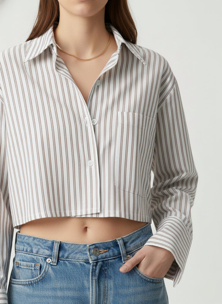 Crop Bej Çizgili Poplin Gömlek