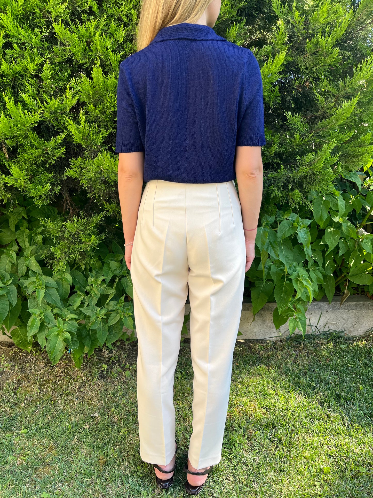 Krem Yüksek Bel Pantolon