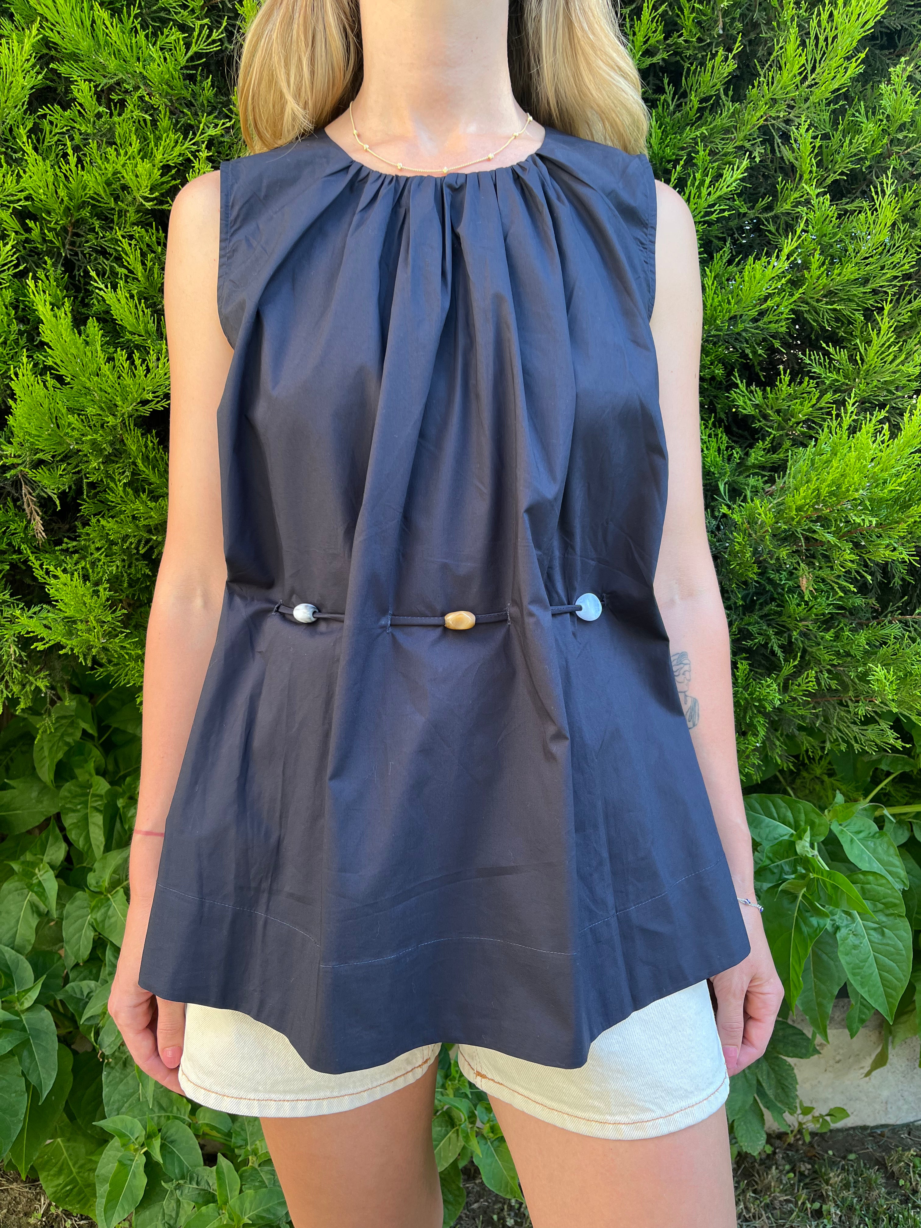 Lacivert Bel Detaylı Poplin Bluz