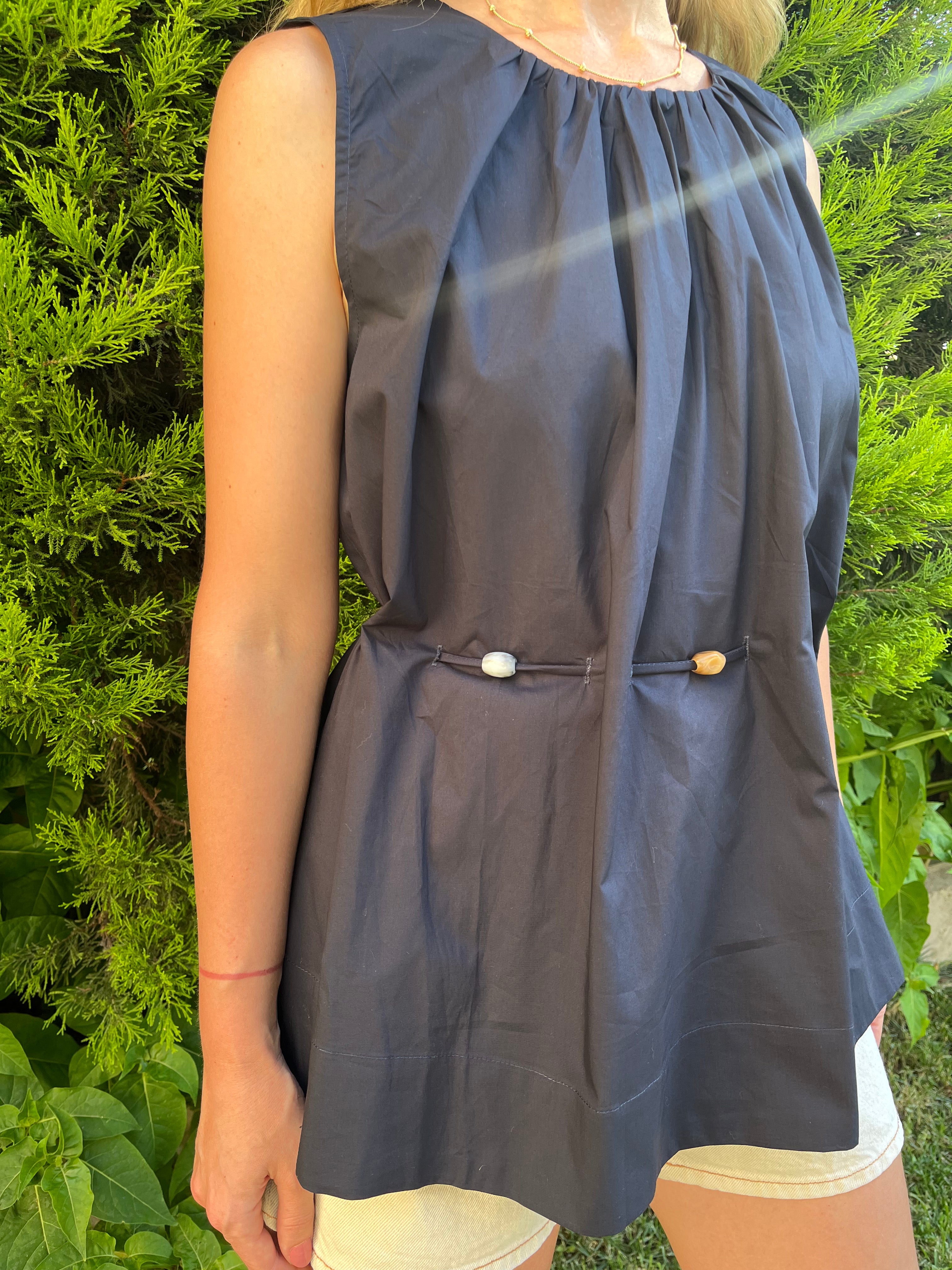 Lacivert Bel Detaylı Poplin Bluz