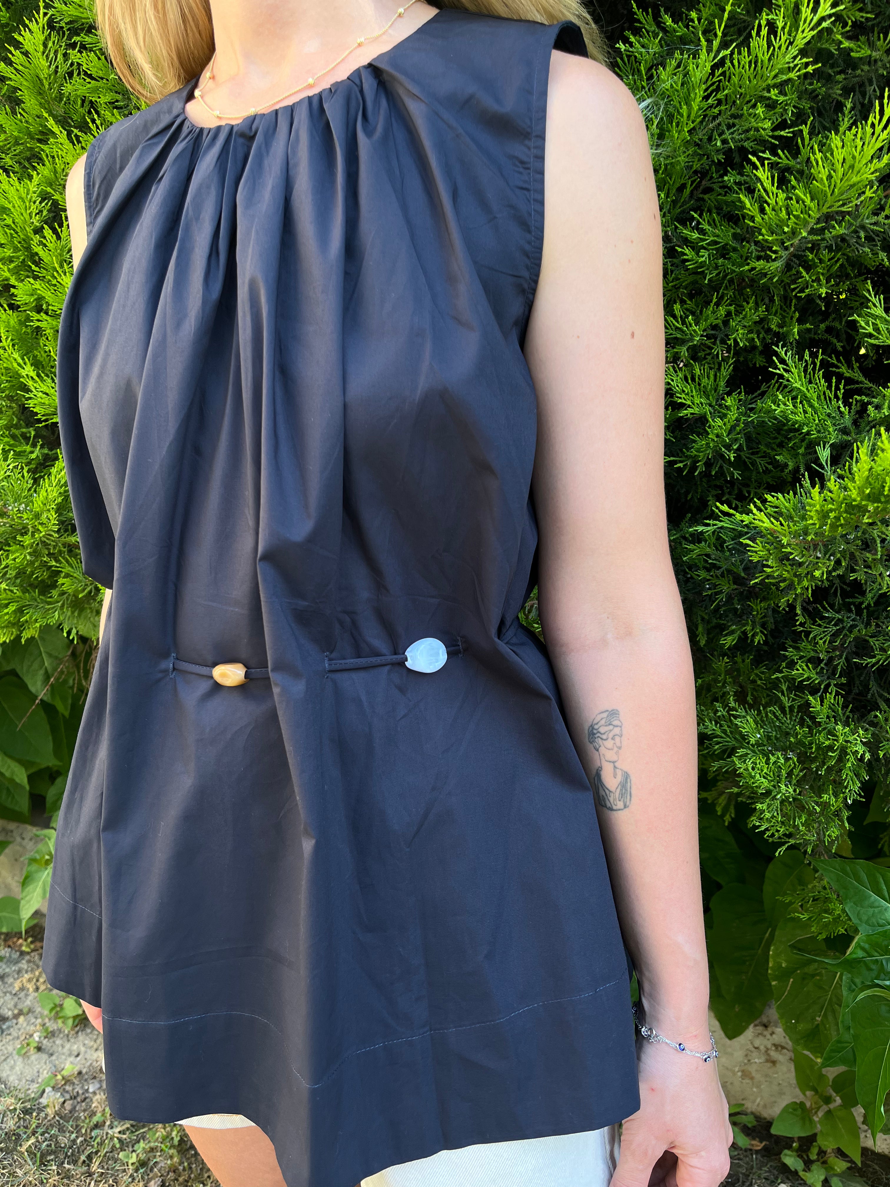 Lacivert Bel Detaylı Poplin Bluz