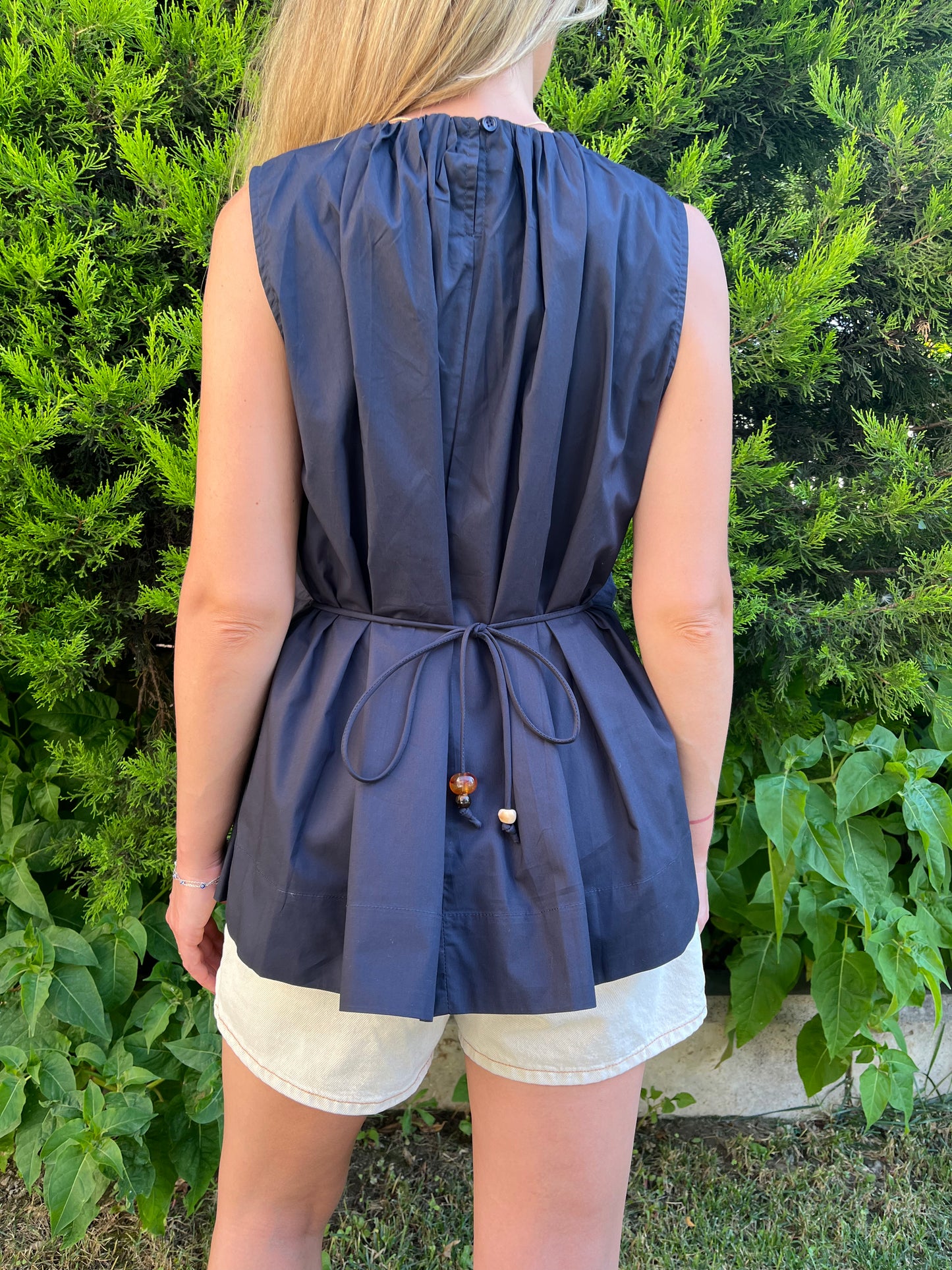 Lacivert Bel Detaylı Poplin Bluz